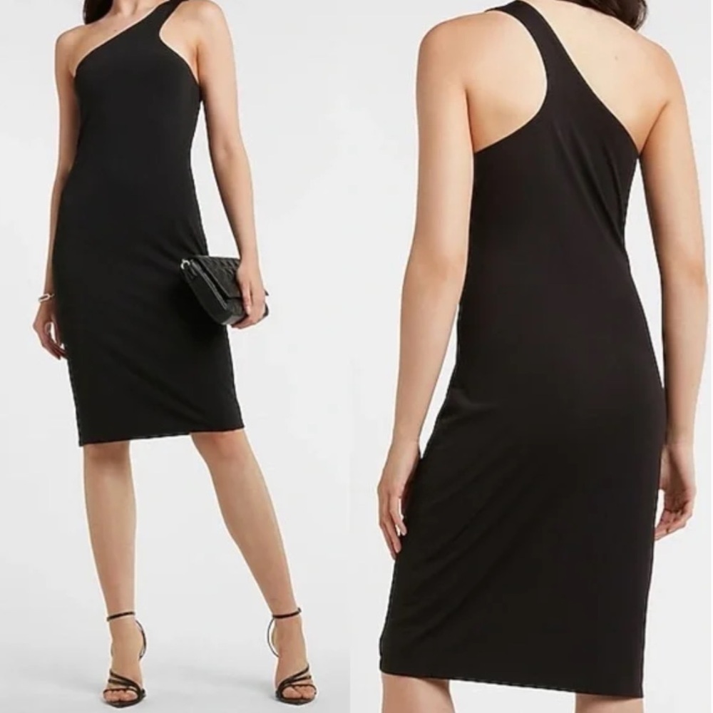 Express Women S Black Body Contour Sleeveless One Shoulder Midi Sheath Dress